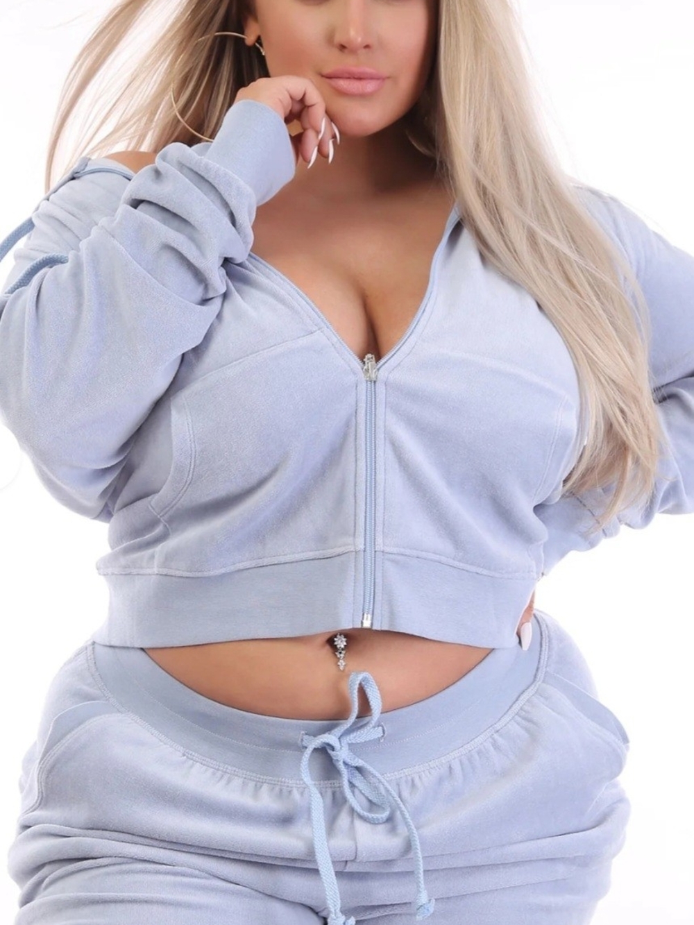 NWT Fashion Nova Light Blue Cropped Zip-Front Hoodie And Joggers Set